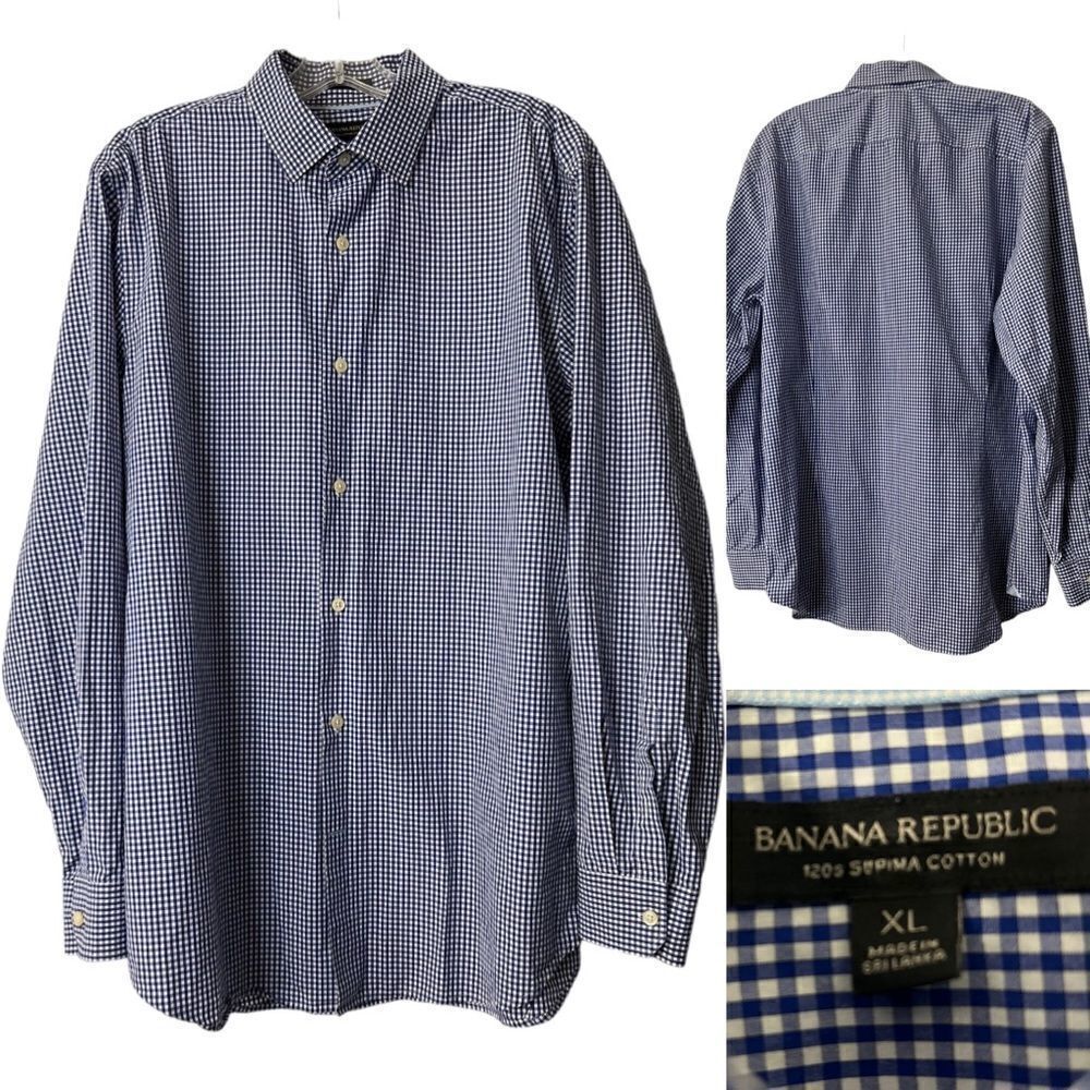 Banana Republic mens XL blue plaid long sleeve 120s supination cotton shirt -11